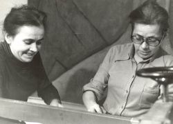 Jitka and Květa making prints in their studio. Date unknown. Válová Sisters Archive